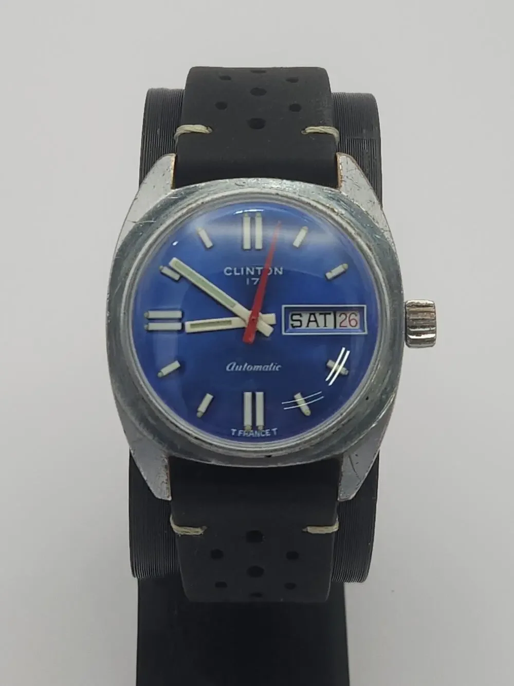 Clinton Watch Men Automatic Vintage 17 Jewels WR Day Date Blue, New Band